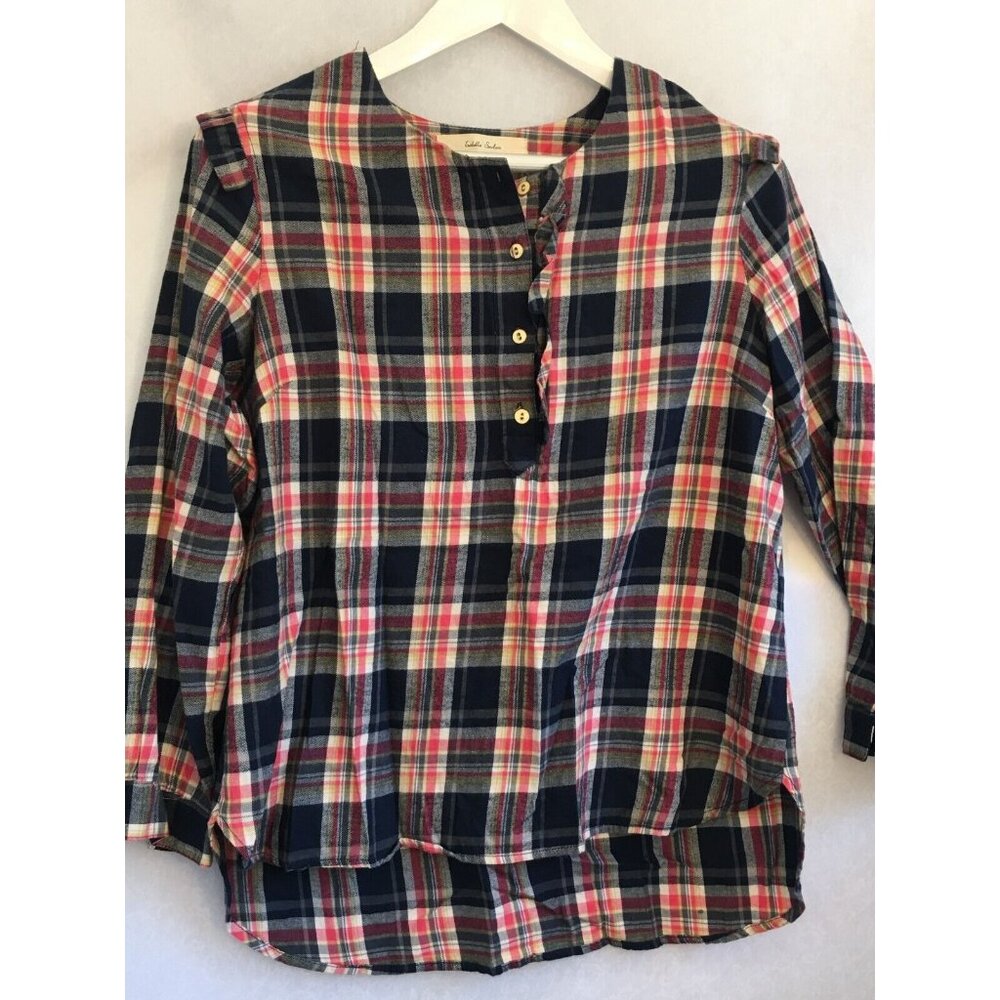 Isabella Sinclair Plaid Flannel Shirt Medium 1/2 Button Ruffle Pullover Casual